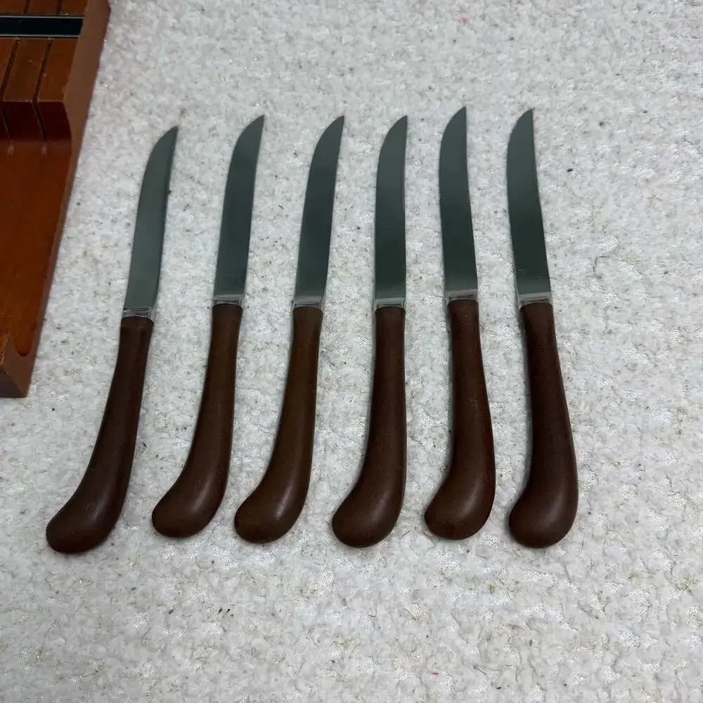 Vintage Ekco Eterna 6-Piece Steak Knife Set with Wall-Mount Wooden Block MCM